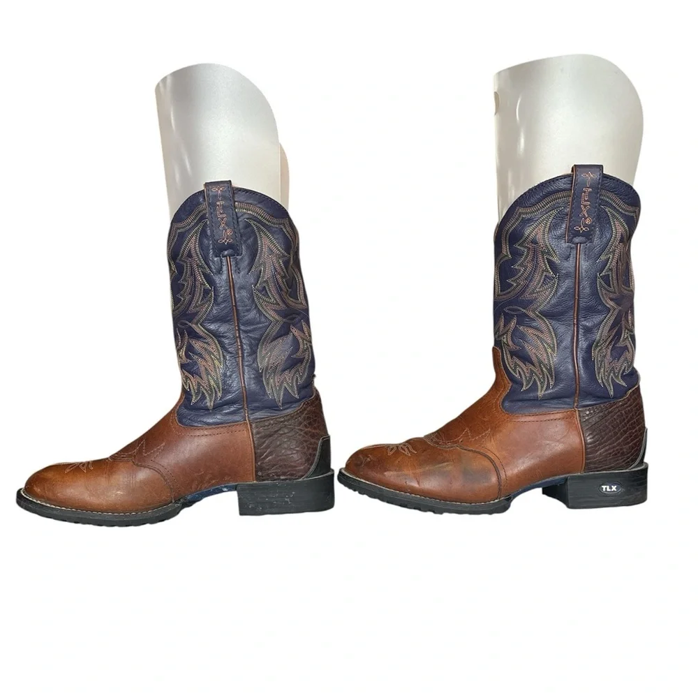 Tony Lama Brown and Navy Genuine Leather Cowboy Western Boot TLX XT5001.Size 9.5 - Picture 5 of 16